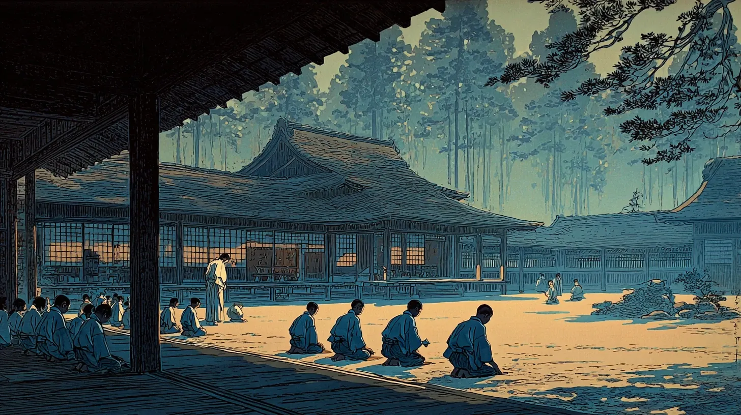 Young samurai students practicing martial arts and Chinese classics at the Nisshinkan domain school courtyard