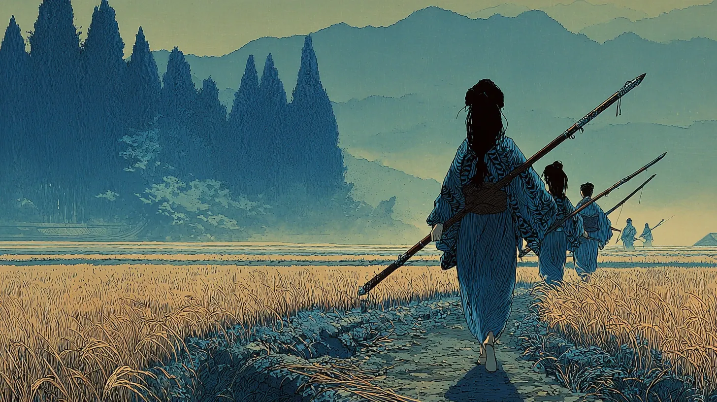 Female warriors of the Joshitai advancing through autumn rice fields, naginata raised, led by Nakano Takeko