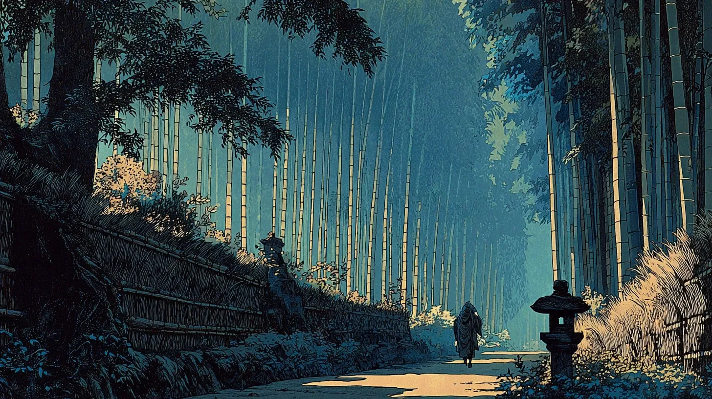 A narrow stone path winding between two walls of impossibly tall green Moso bamboo, sunlight filtering down through the canopy in pale stripes, a low bamboo fence and stone lantern at the path edge