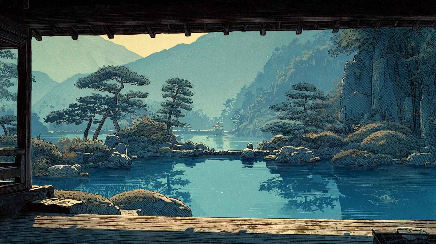 A view from a temple veranda overlooking the circular Sōgenchi pond at Tenryū-ji, calm water reflecting the mountain ridges of Arashiyama, vertical rock arrangements on the far shore, low pruned pines and moss around the water