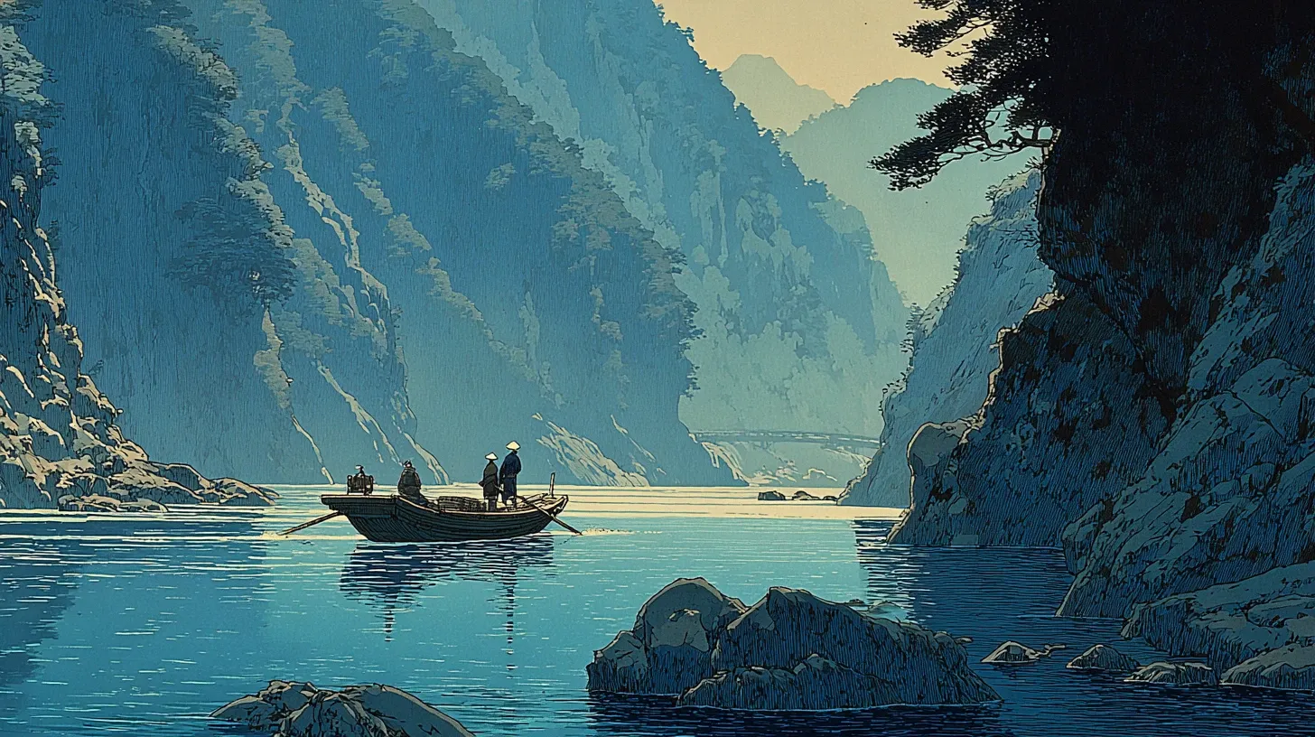 A flat-bottomed wooden boat with small seated figures floating down a deep river gorge, three boatmen working with bamboo poles and oars, steep rocky cliffs and forested ridges rising on both sides