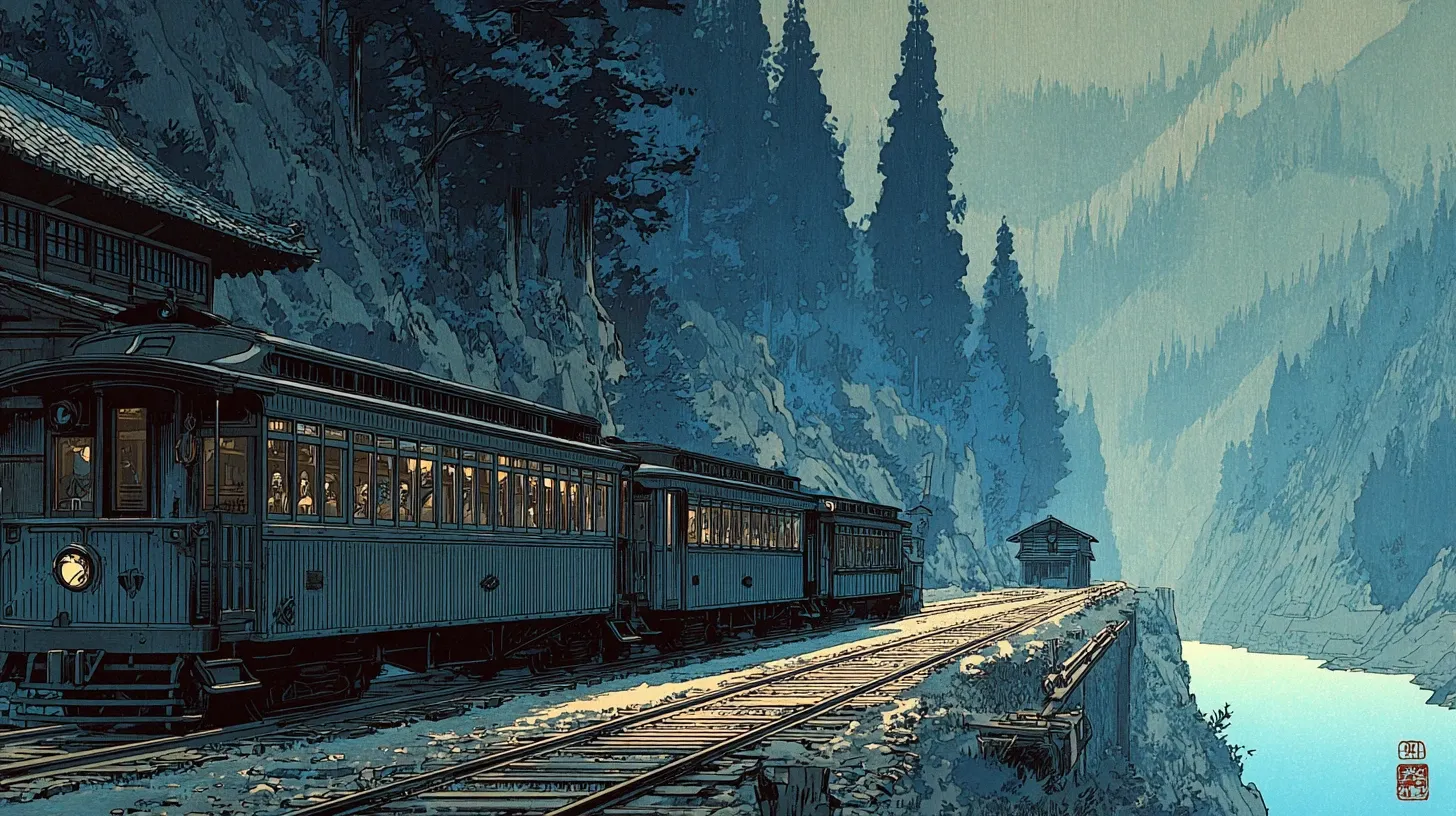 A small vintage railway with open-window carriages running along the edge of a wooded river gorge, dark wooden ties and rusted rails leading into the distance, steep forested mountainside dropping away on the right