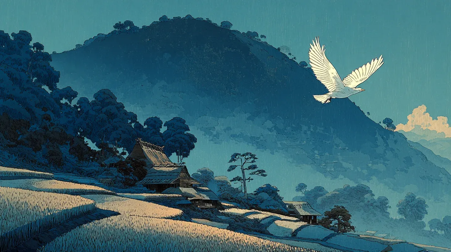 A white bird soars toward the forested peak of Mount Inari, with rice paddies and farmhouses below