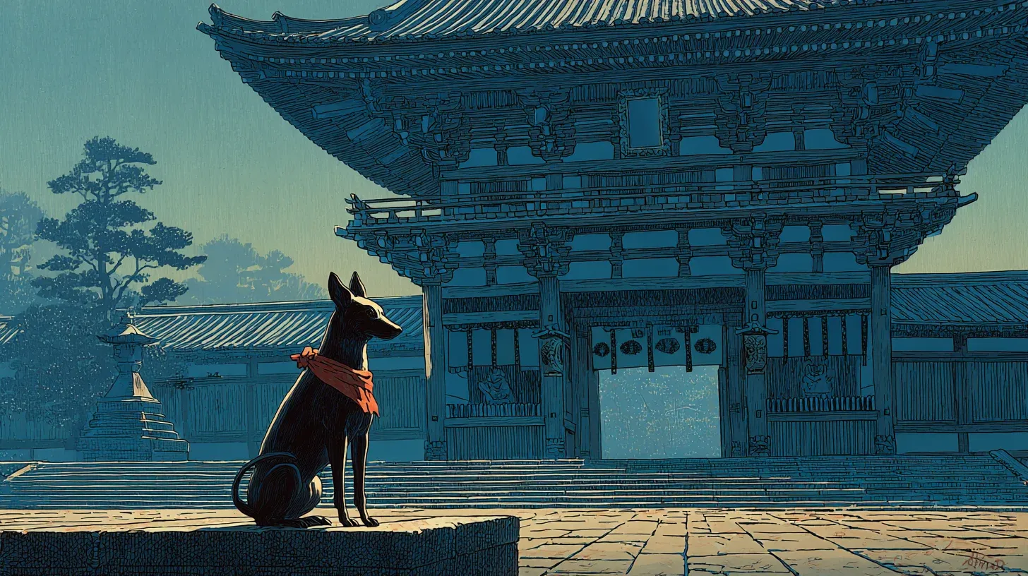 A pair of stone fox statues guard the path, one holding a jewel, the other a key, with torii gates behind them