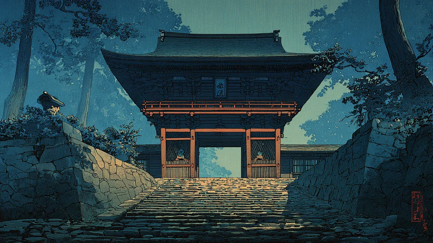 The towering two-story romon gate of Fushimi Inari, with vermilion pillars and cypress bark roof