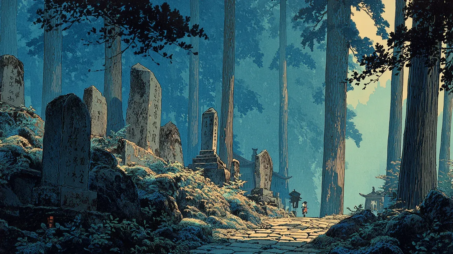 Hundreds of moss-covered stone monuments densely packed on a forested mountainside with miniature torii gates