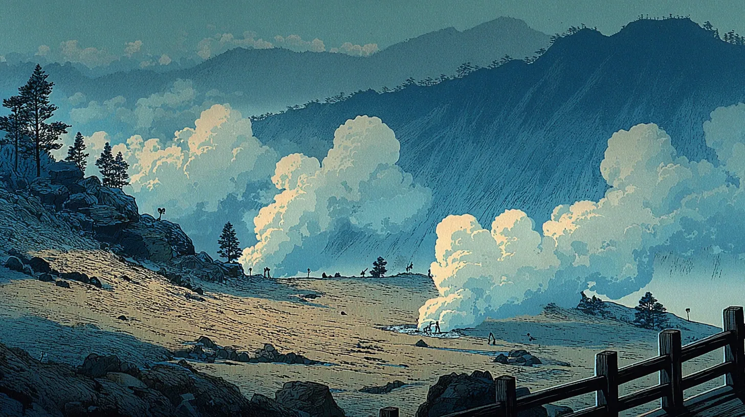 Sulfurous steam venting from Ōwakudani's active volcanic terrain — hydrogen sulfide rising from yellow-grey fissures in the caldera floor