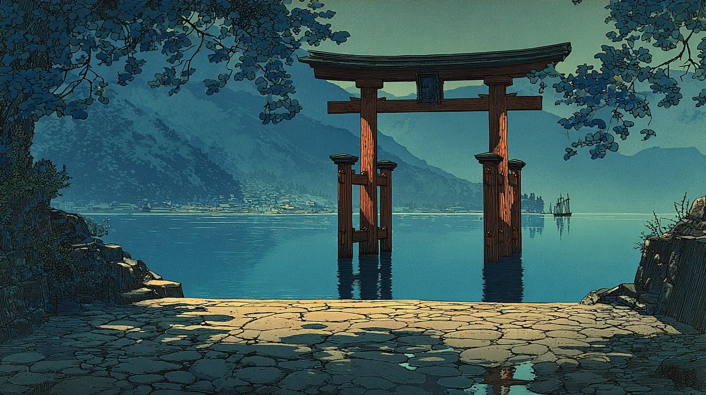 The vermilion torii gate of Hakone Shrine rises from Lake Ashi's shallows, stone cobblestone path at the threshold, cedar forest framed through the arch beyond