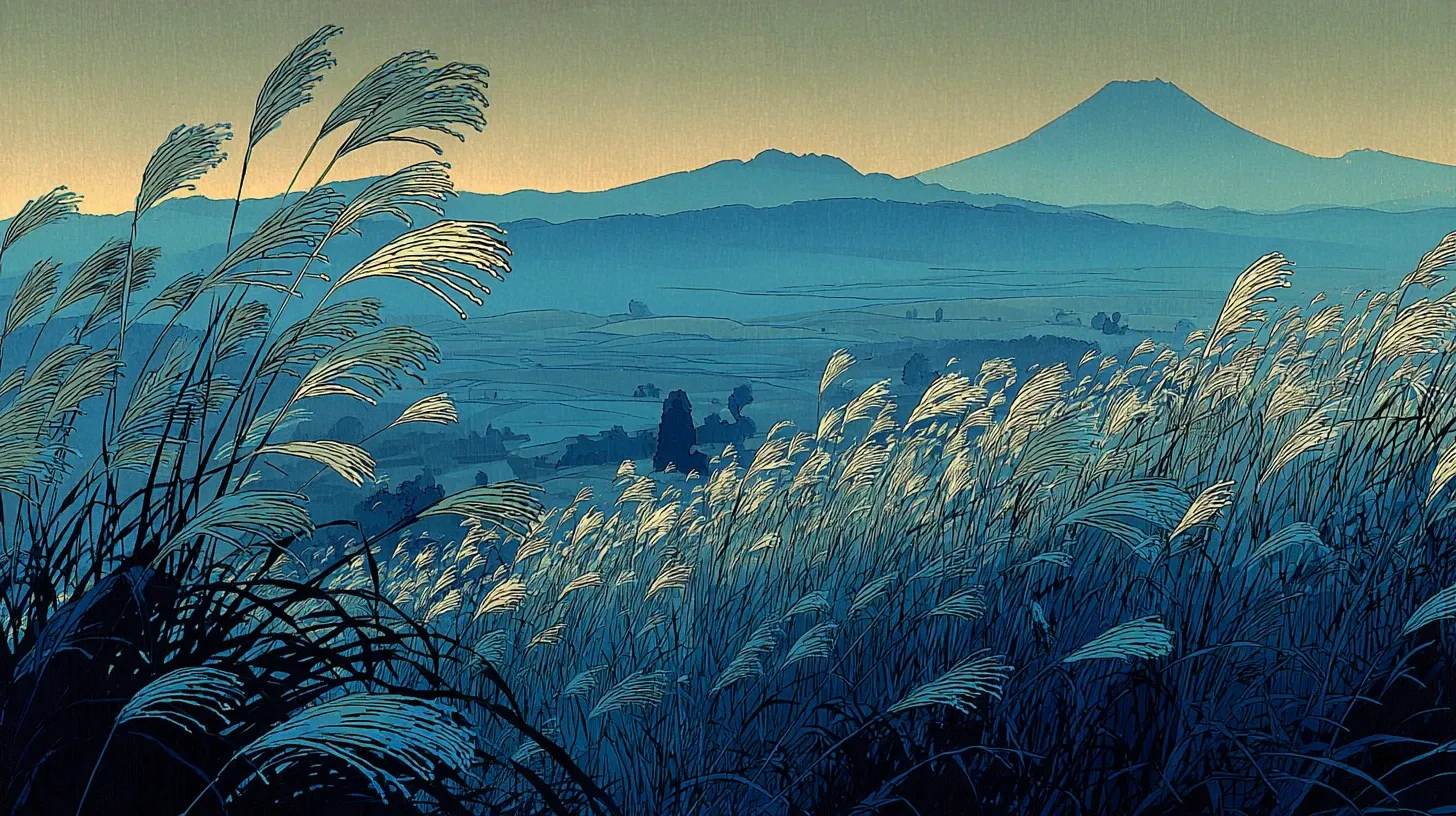 Sengokuhara's susuki pampas grass turns silver across the highland plateau in late September, Mount Fuji's silhouette rising at the far ridge on clear days