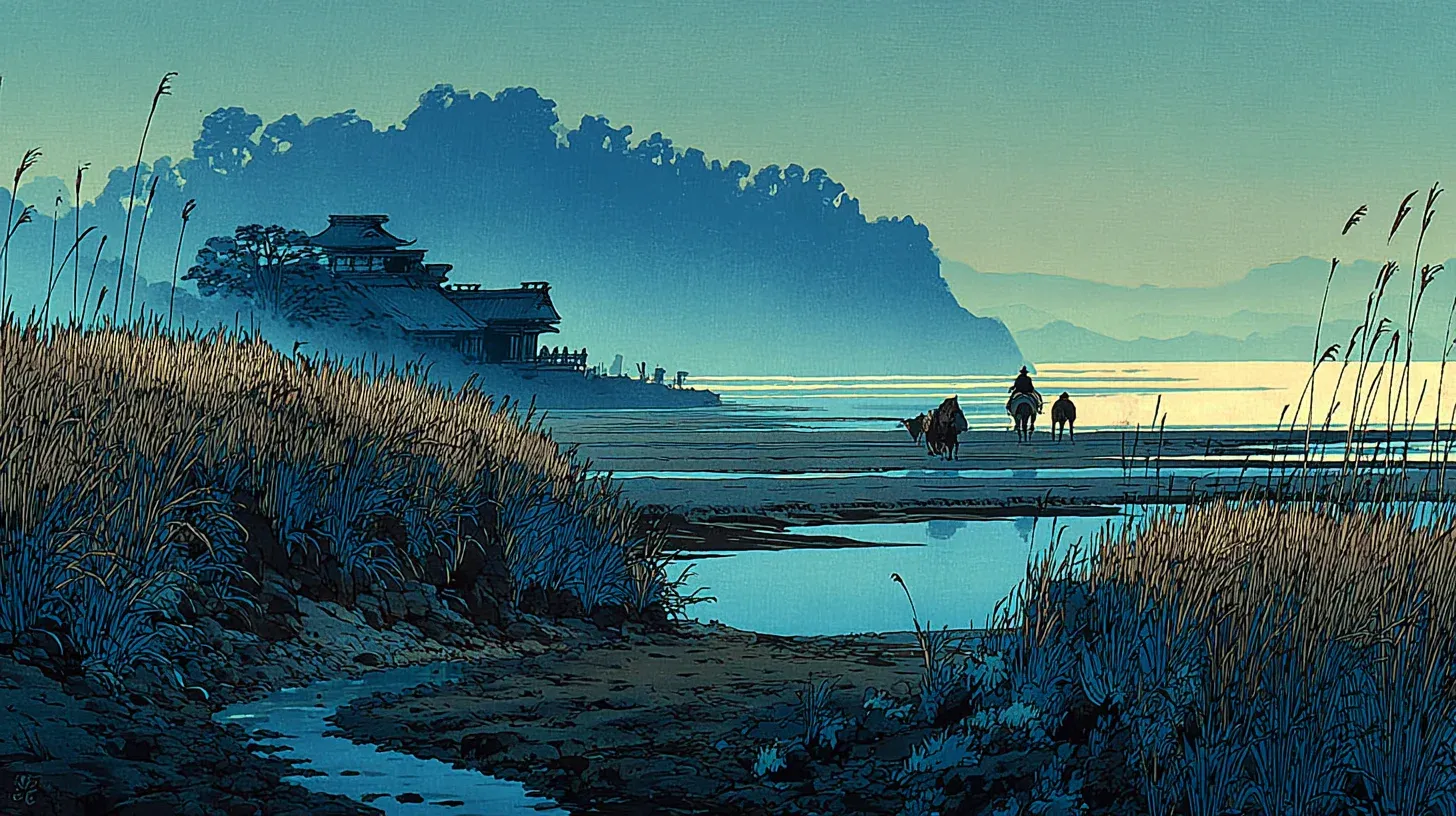 The marshland of Edo in 1590 — a vast tidal swamp with reeds and scattered fishing huts