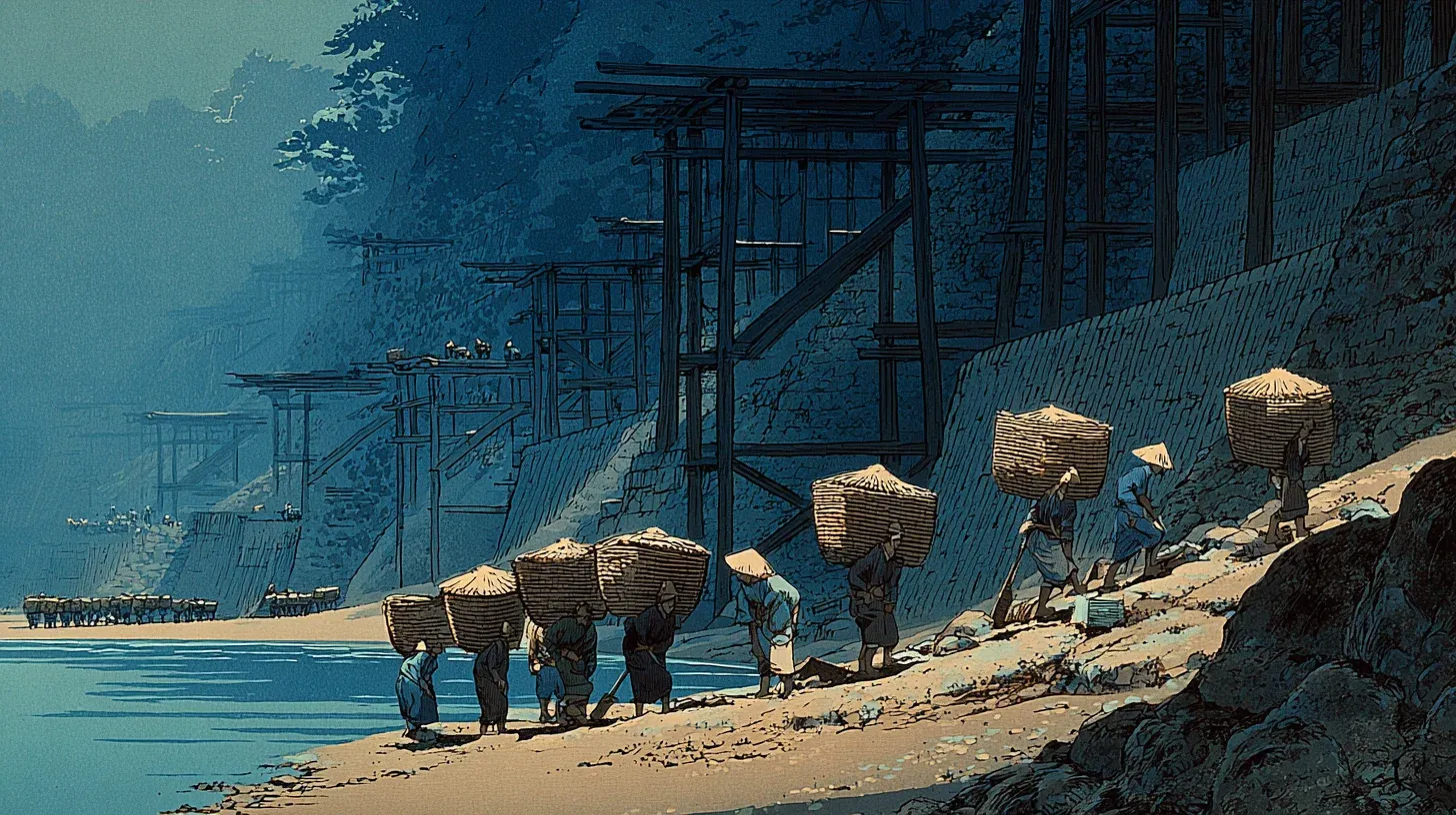 Workers carrying earth in mokko baskets to fill the Hibiya Inlet — the engineering project that created Edo