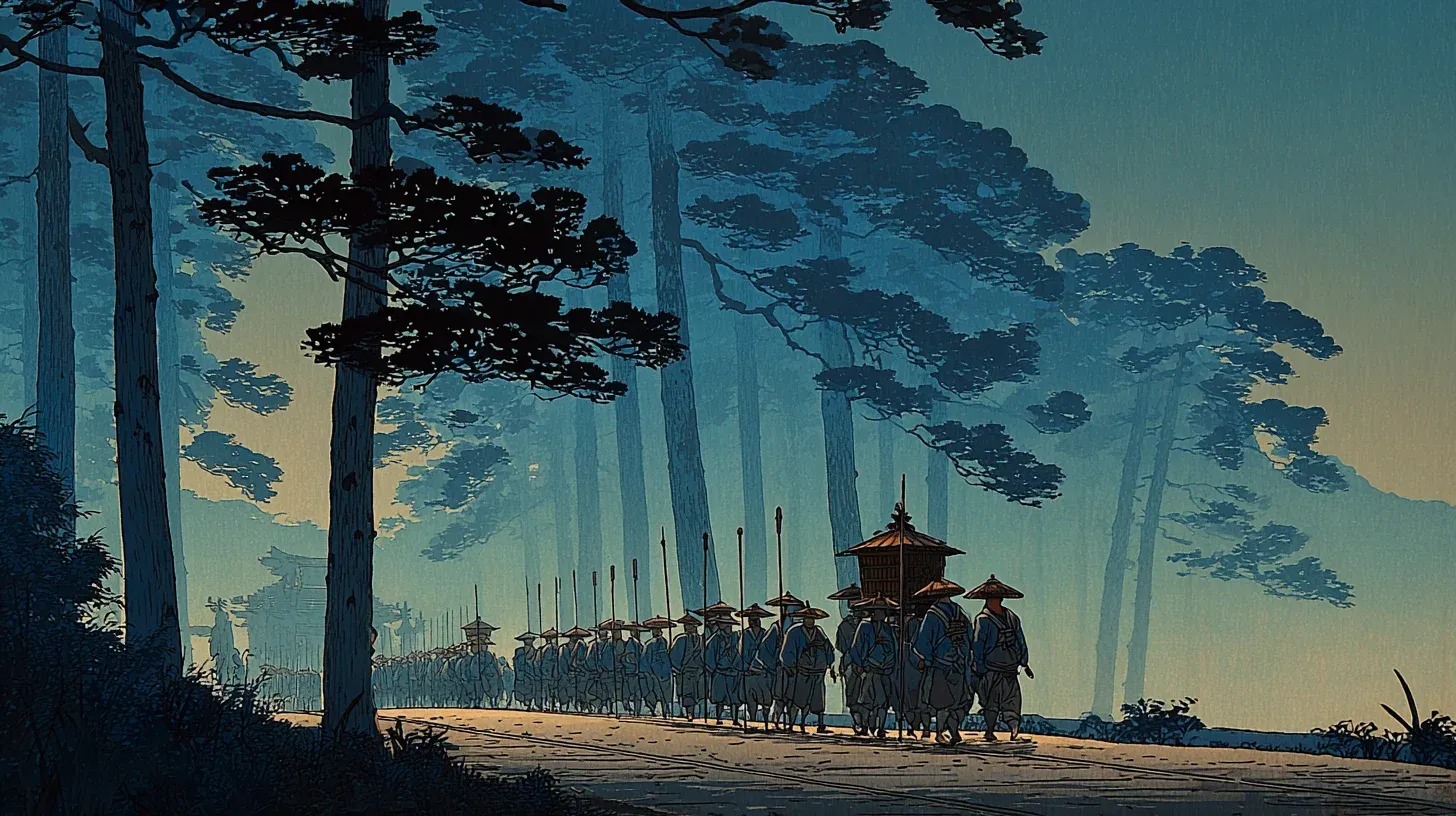 A sankin-kōtai procession on the Tōkaidō highway — feudal lords were required to travel to Edo every other year