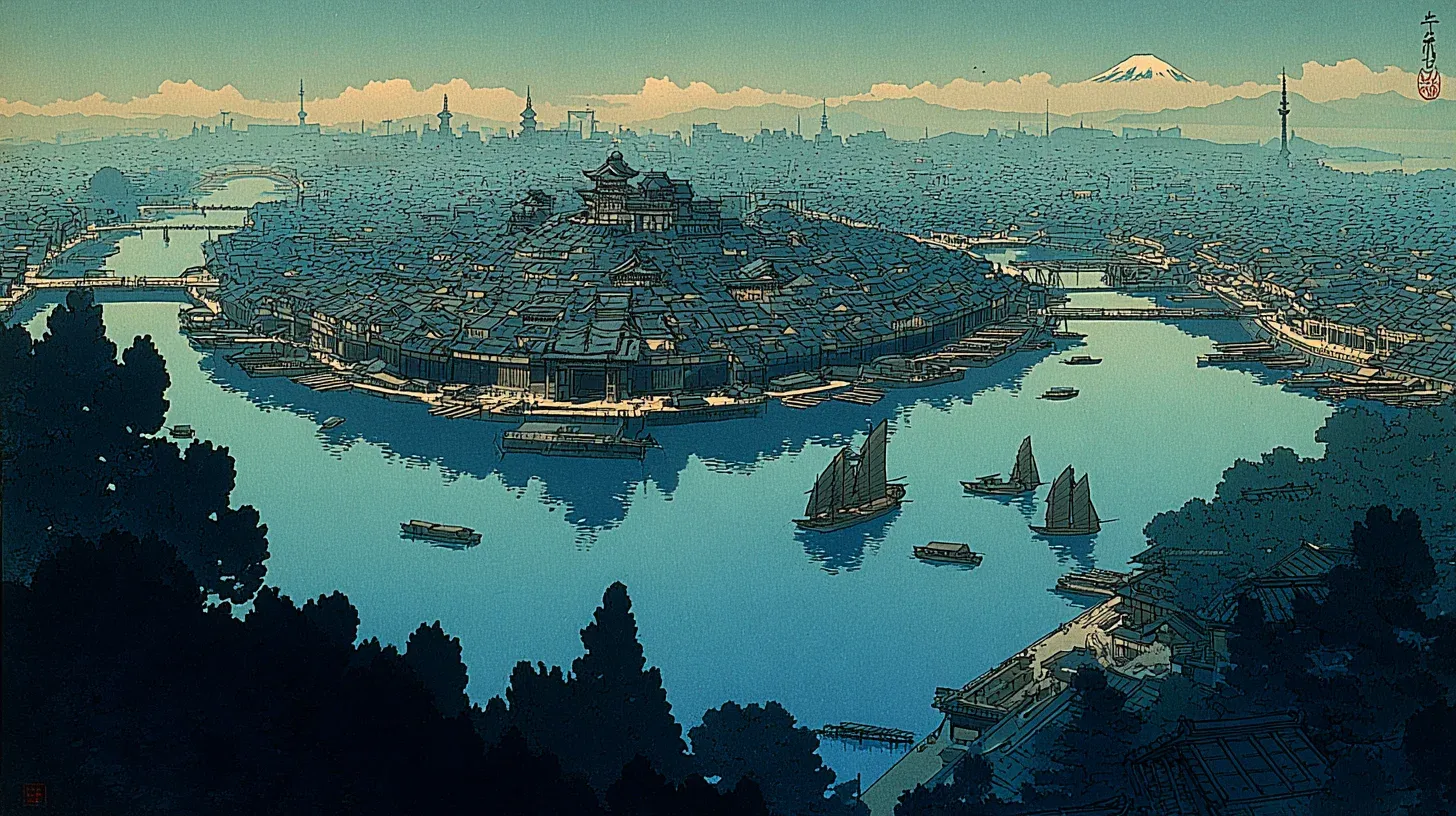 Bird's-eye view of Edo at its peak — a city of over one million people, canals, and concentric moats