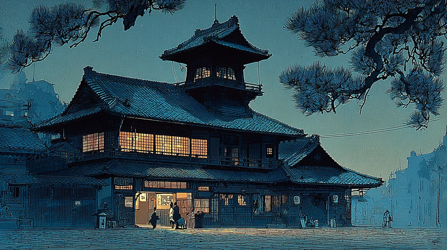 The three-story wooden Dogo Onsen Honkan bathhouse with its distinctive pyramidal Shinrokaku tower glowing at dusk