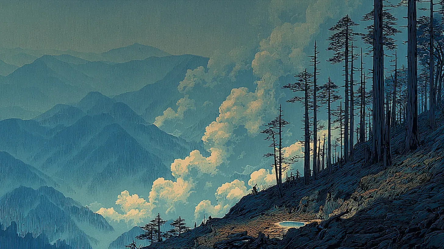 The barren volcanic landscape of Hakone Owakudani with sulfur-stained cliffs, steam vents, and dead standing trees against a misty sky