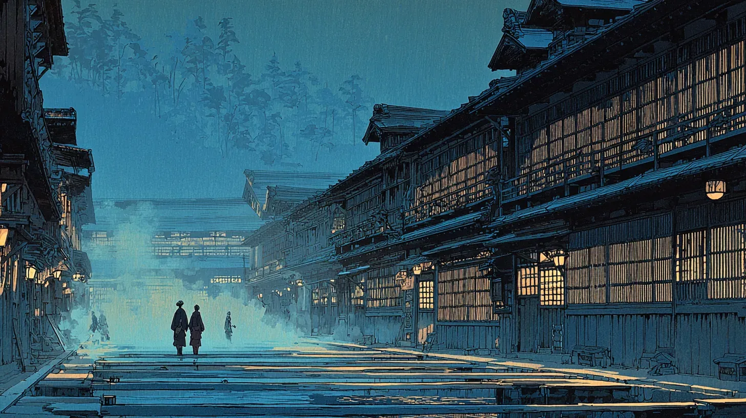 An Edo-period onsen town with wooden sluice channels of the Yubatake hot water field sending steam into the twilight sky, lined by traditional bathhouse inns