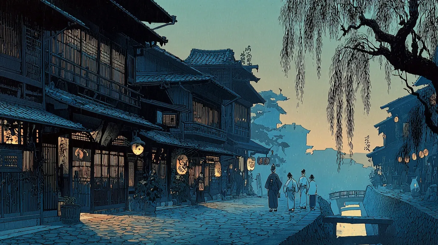 A narrow stone-paved street in a Japanese hot spring town at dusk, traditional two-story wooden ryokan lining both sides, wisps of steam rising between buildings, soft warm lantern light, a willow tree leaning over a small canal