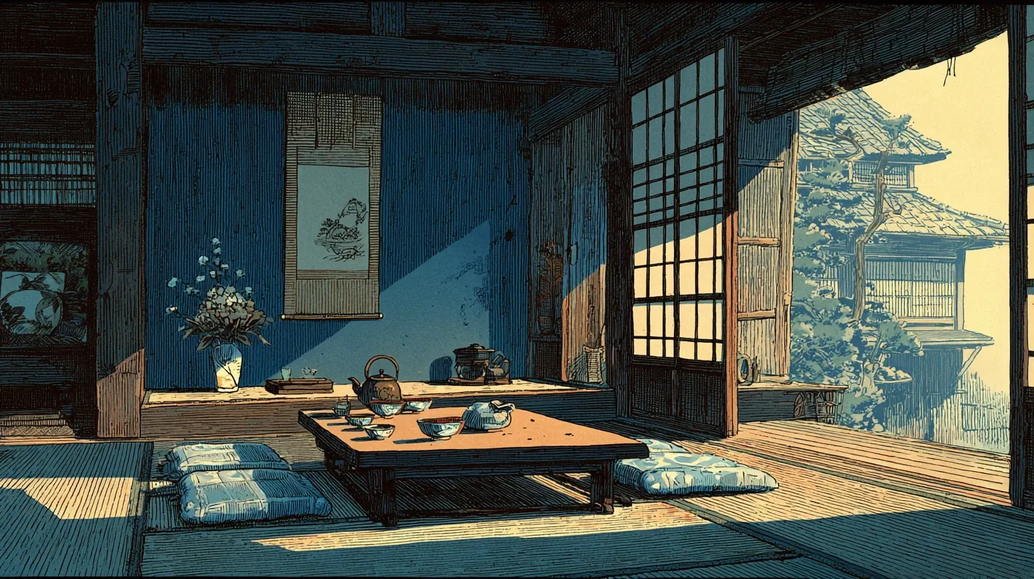 The interior of a traditional Japanese ryokan tatami room with a low square table, tokonoma alcove with hanging scroll and flower arrangement, sliding shoji screens letting soft daylight through, a folded yukata robe on a cushion