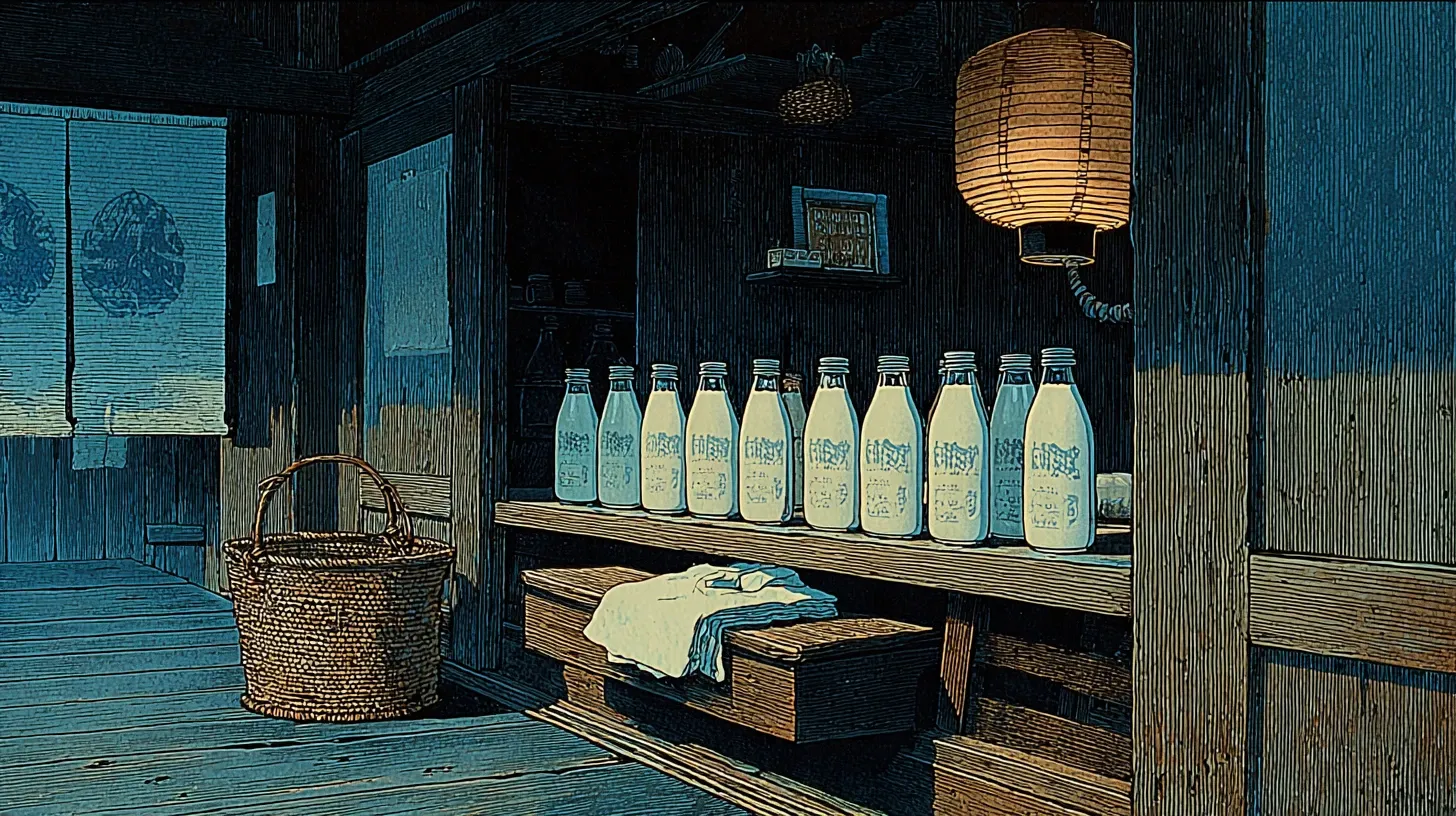 A close-up view of small glass bottles of cold milk in classic 200ml bottles arranged in a wooden bath house shelf or refrigerator, white milk, coffee milk and fruit milk with metal crown caps, a folded white towel in a wicker basket beside the shelf