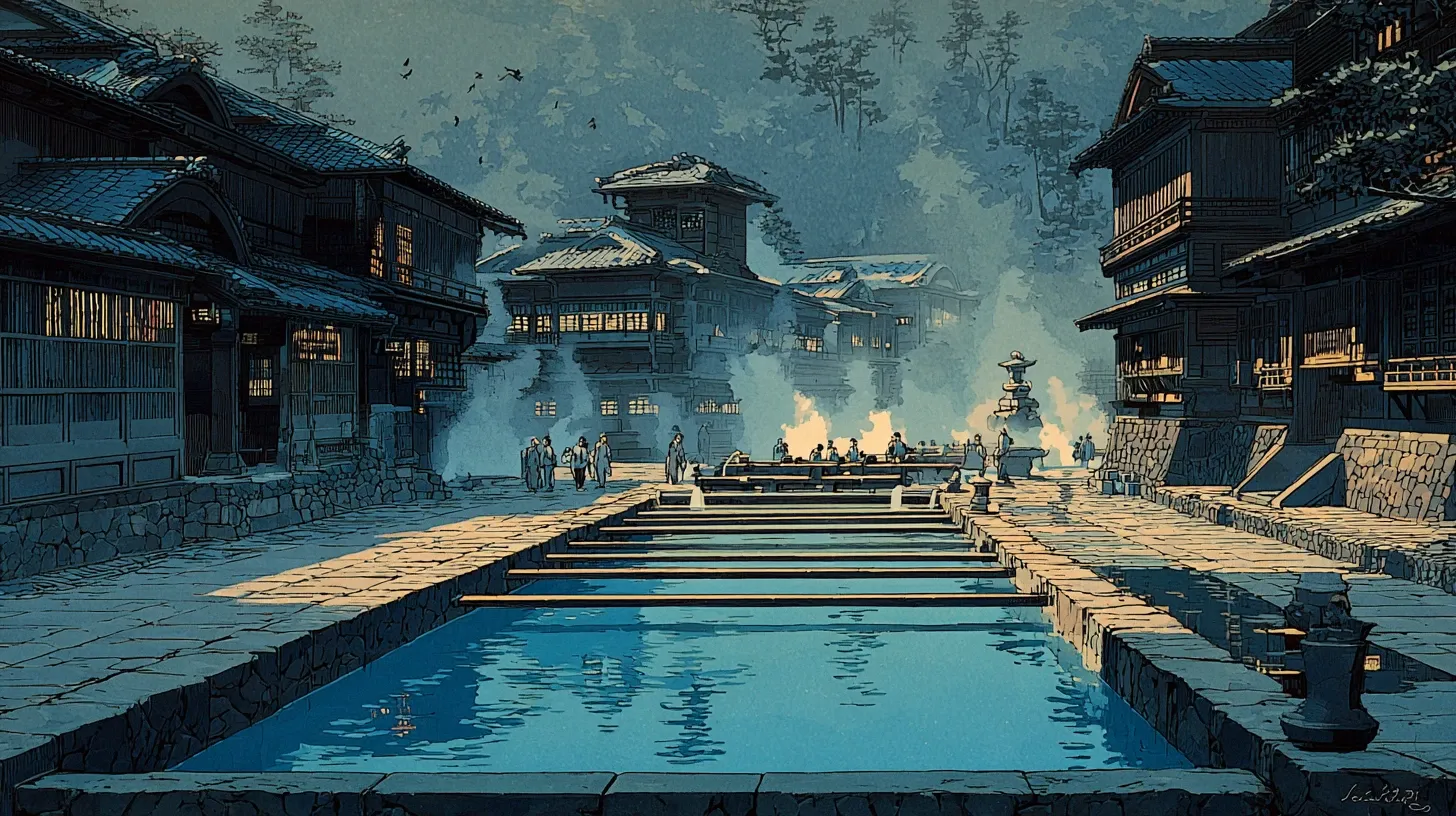 An elevated view of the Kusatsu Yubatake, a rectangular wooden water-channeling installation in the town center with parallel wooden troughs and thick steam rising from sulfur-tinted water, surrounded by traditional wooden inns