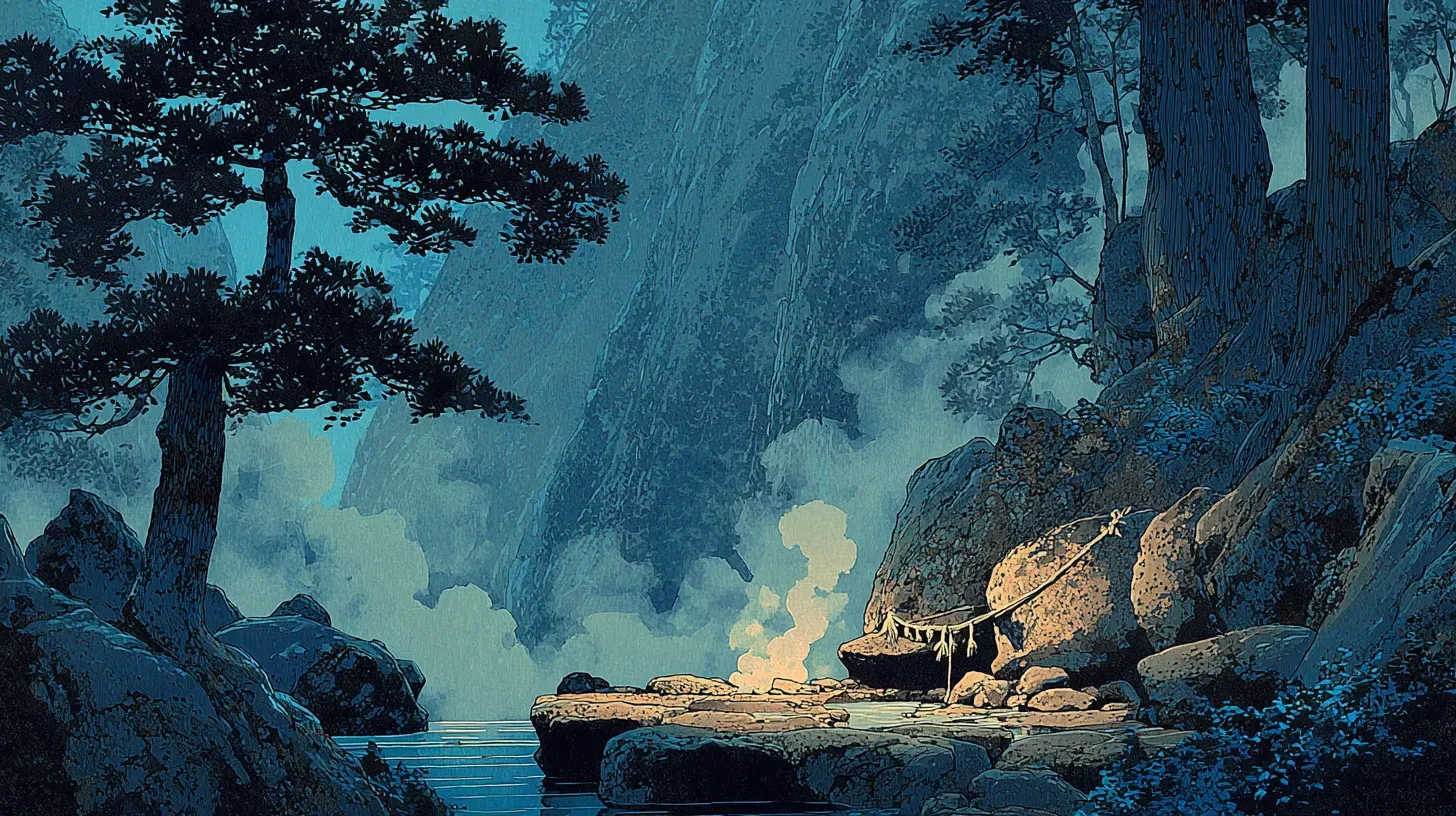 Ancient onsen spring in a forested mountain setting with steam rising from mineral-rich water