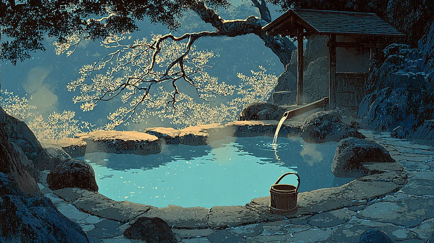 Two small towels and wooden buckets placed at the edge of an outdoor onsen bath with mountain views