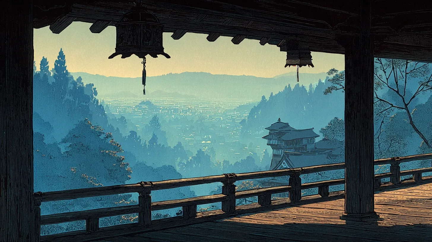 A view from the wooden veranda of Kiyomizu-dera looking out over a wide hillside valley toward the basin of Kyoto, low wooden railing in the foreground, forested ridges falling away below, soft hazy light over the distant rooftops