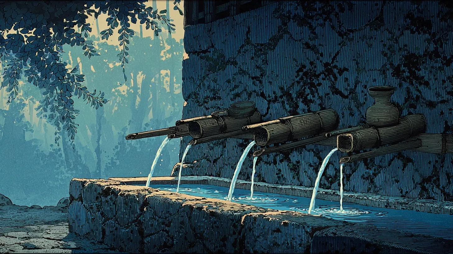 The Otowa Waterfall at Kiyomizu-dera, three thin parallel streams of water falling from a moss-covered cliff face into stone basins below, long-handled metal water dippers hanging on a wooden rack, soft diffused light filtering through trees overhead