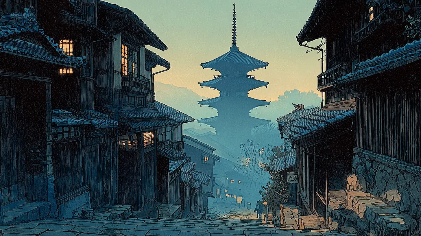 A narrow stone-paved sloping street lined with traditional two-story wooden machiya townhouses with deep eaves and lattice fronts, a five-story wooden pagoda rising in the distance at the bottom of the slope, soft early morning light with mist still clinging to the rooflines