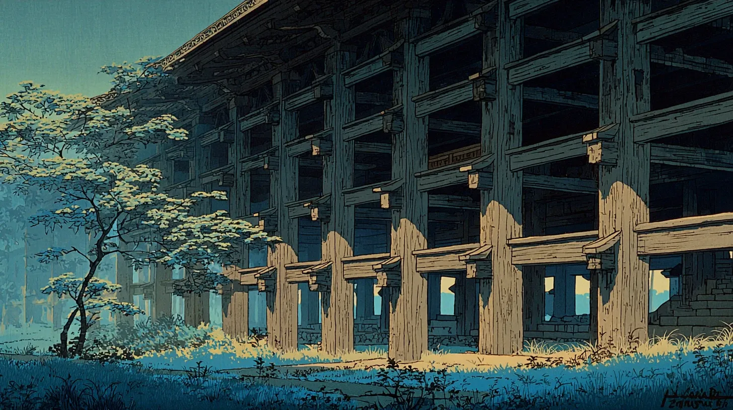 The exterior side view of Kiyomizu-dera's wooden support structure, a regular geometric grid of vertical cedar posts and stacked horizontal beams forming the kakezukuri stilt framework, weathered pale grey-beige timber, a young green-leafed maple in the lower foreground