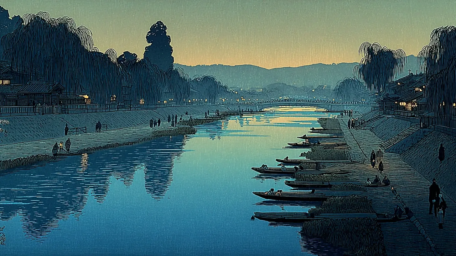A wide gentle river flowing through a city basin at dusk, grassy terraced banks beside the water, a few small seated figures spaced evenly along the riverbank, low wooden dining platforms extending out over the water, gentle willow trees lining the opposite bank