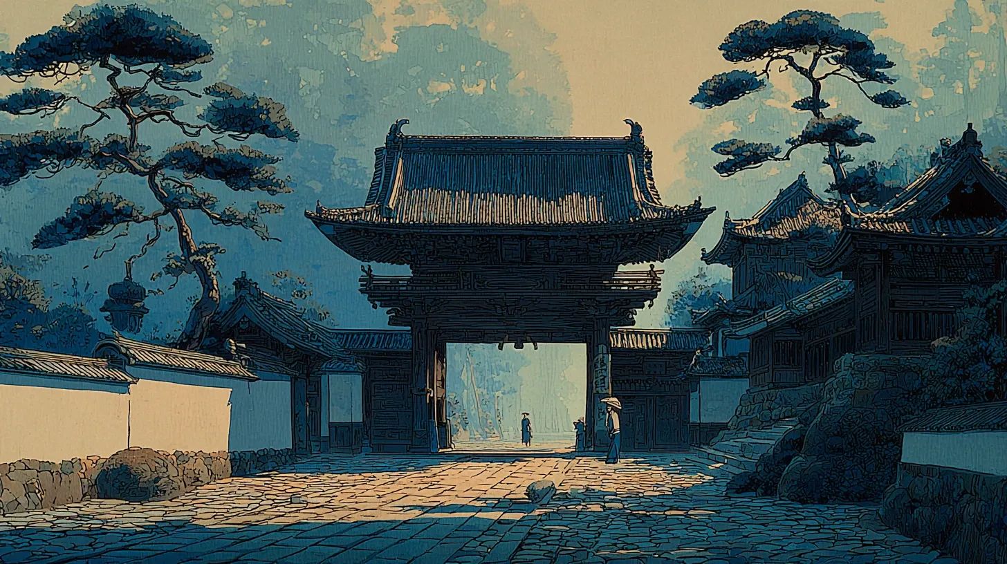 A large wooden temple gate at early morning, white plastered walls extending on either side, a meticulously swept stone-paved path leading away, a single small distant figure of a temple attendant with a bamboo broom, soft mist still hanging in the air