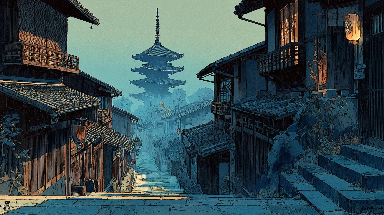 A narrow stone-paved sloping street in Gion lined with traditional two-story wooden machiya townhouses, deep eaves and lattice fronts, the five-story Yasaka Pagoda rising in the distance at the bottom of the slope, soft early morning light