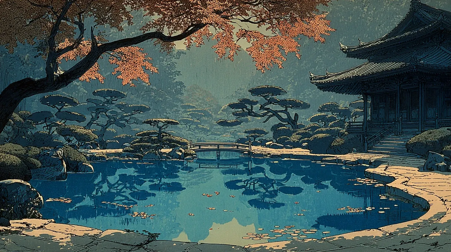 A circular pond garden in a Japanese temple in late autumn, the still water reflecting deep red maple leaves on the trees lining the far bank, low pruned pines and moss around the water, fallen maple leaves on the path in the foreground