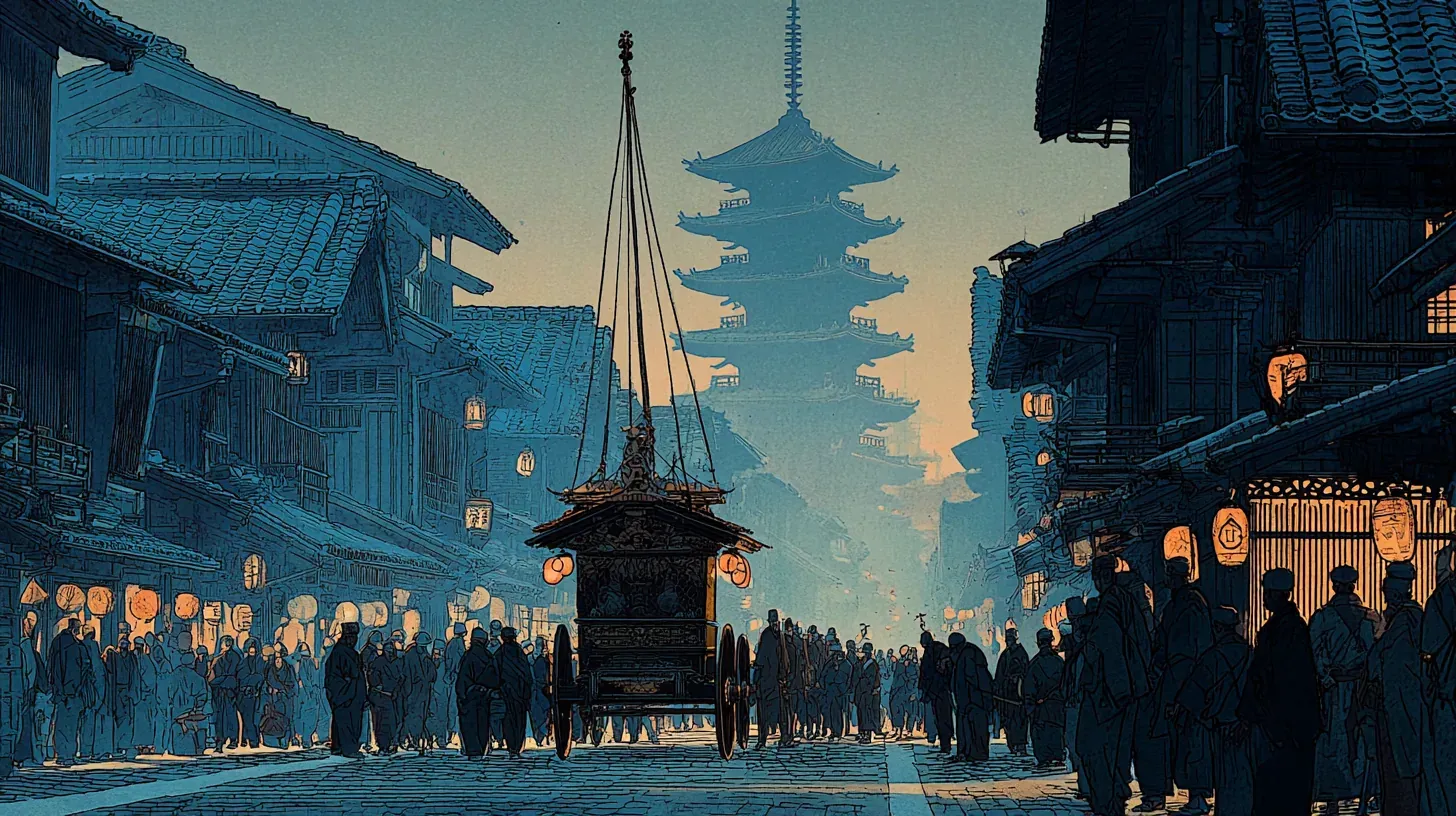 A towering yamaboko festival float moving through narrow machiya-lined streets of medieval Kyoto, with massive wooden wheels and thick ropes pulled by silhouetted figures