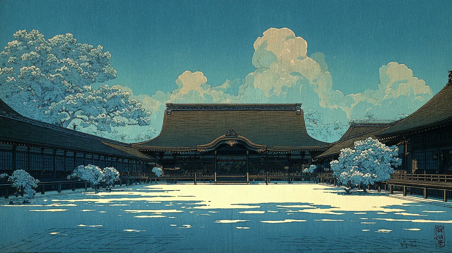 The Kyoto Imperial Palace Shishinden ceremonial hall, an extremely wide horizontal building with dark wooden pillars and white walls, seen across a wide white sand courtyard with cherry and citrus trees