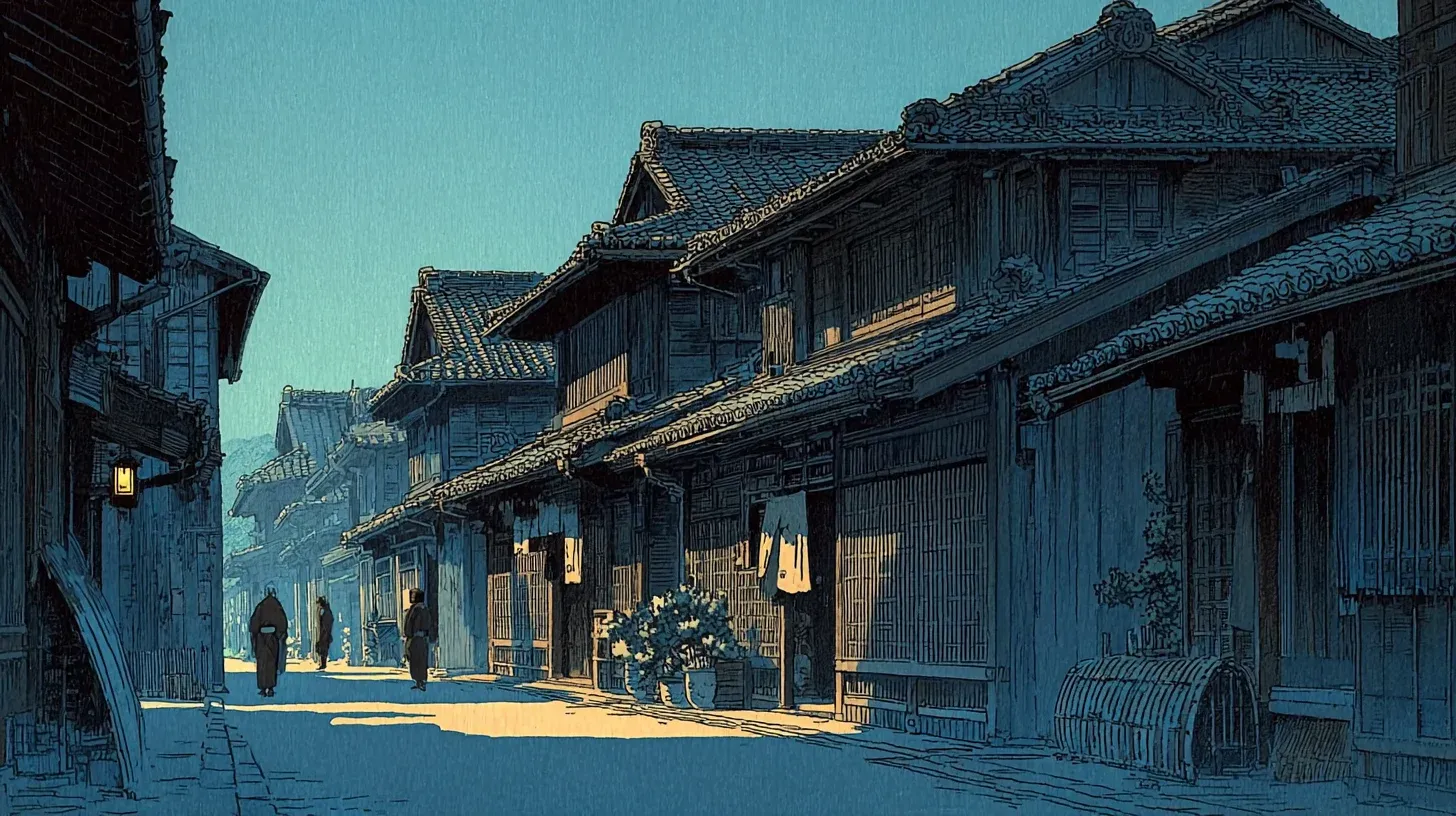 Dense wooden townhouses packed along narrow alleys in Edo — the city that would burn