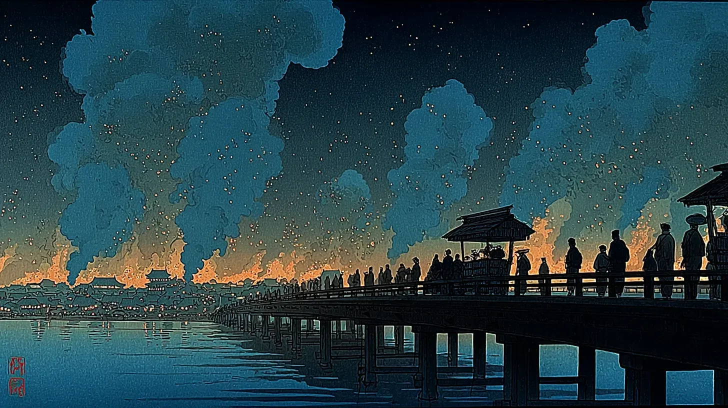 The Meireki Fire of 1657 seen from across the Sumida River — the blaze destroyed over 60% of Edo