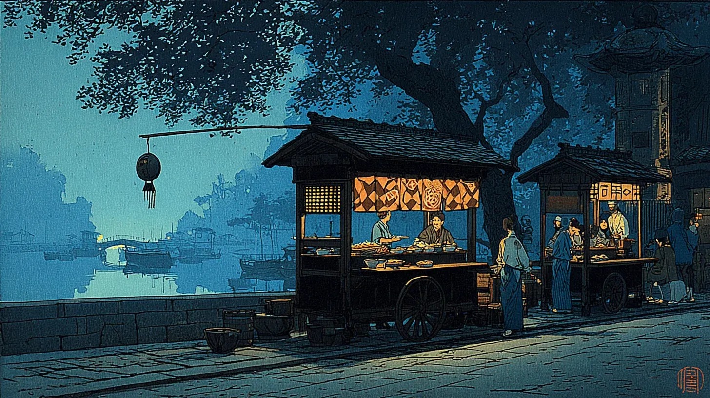 Edo street food stalls — soba, tempura, and sushi vendors lining a canal-side street