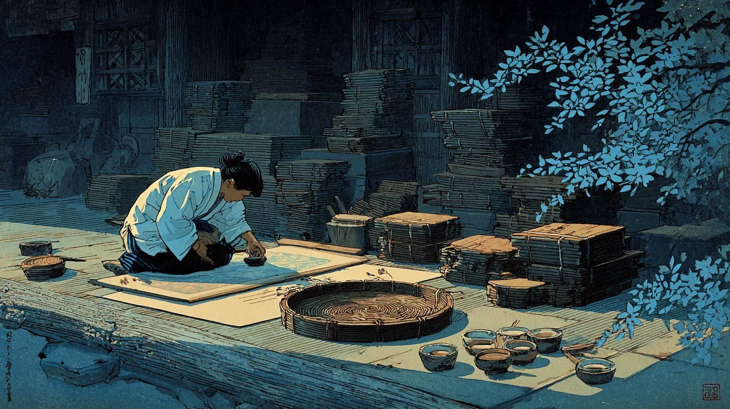 A woodblock print workshop — artists pressing brocade pictures one color layer at a time