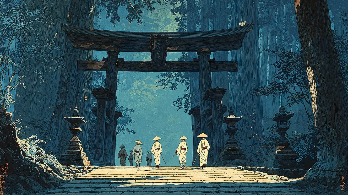 Edo-period Fuji-kō pilgrims purifying themselves in cold mountain water before their sacred ascent