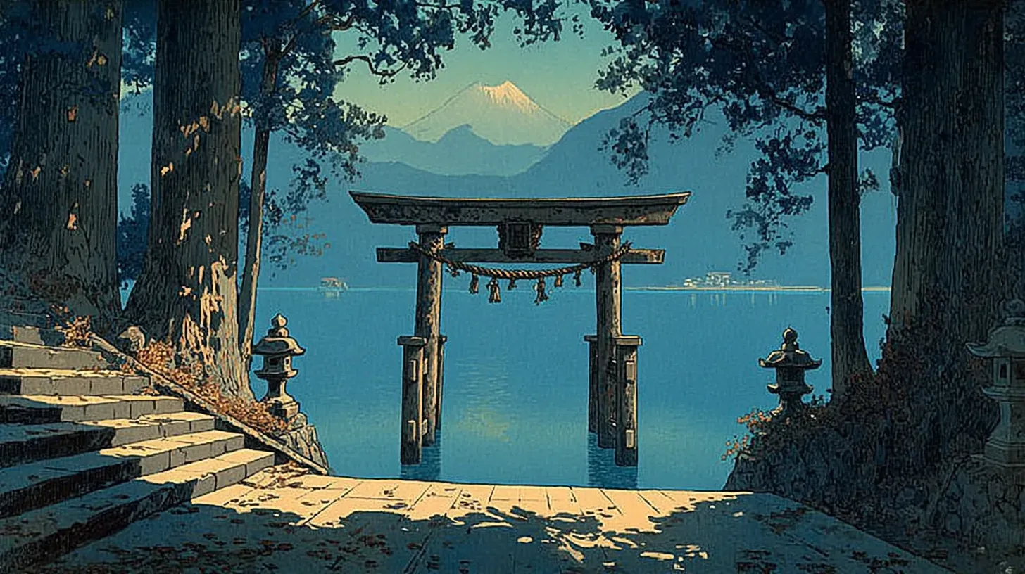 Mount Fuji rising beyond the calm waters of Lake Ashi in Hakone, with the red torii gate standing at the shoreline