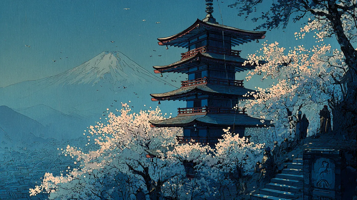 The Chureito Pagoda framed by cherry blossoms with Mount Fuji rising in the background — Fujiyoshida's iconic composition