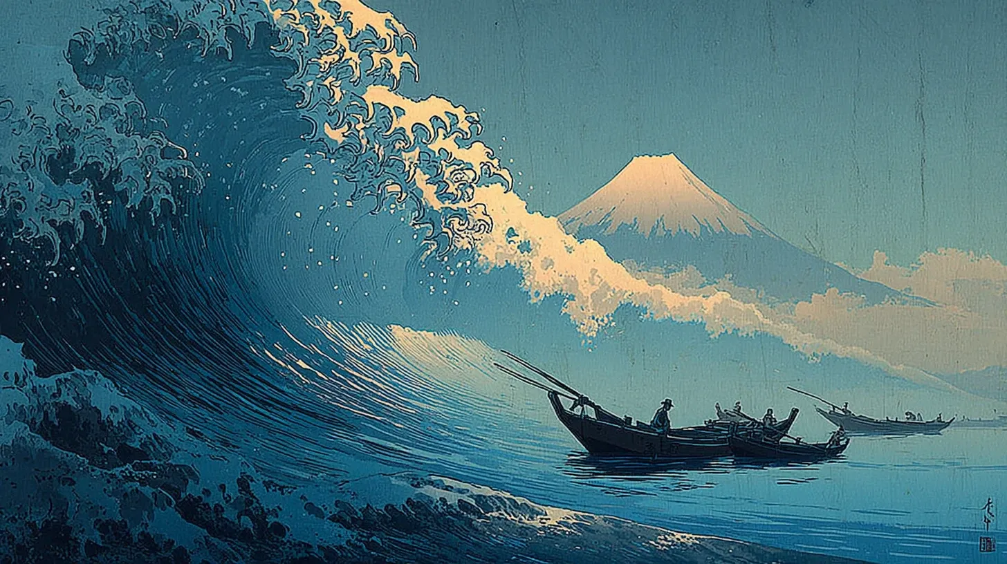 An ocean view with a single enormous cresting wave dominating the foreground left, white claw-like foam tendrils peeling off the top of the wave, the perfectly symmetrical snow-capped cone of Mount Fuji visible in the distance as a small white triangle nestled within the curve of the wave, three traditional Edo-period flat-bottomed wooden boats lying low in the water with crouching boatmen, deep prussian blue water tones