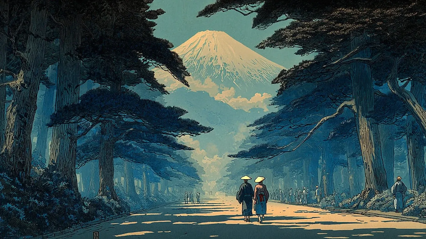 A view of a long historic road extending into the distance, traditional black pine trees lining both sides in a matsunami-ki colonnade at moderate height, a few small distant Edo-period travelers wearing straw hats and carrying walking staffs, the perfectly symmetrical snow-capped cone of Mount Fuji rising large in the distance, soft afternoon daylight