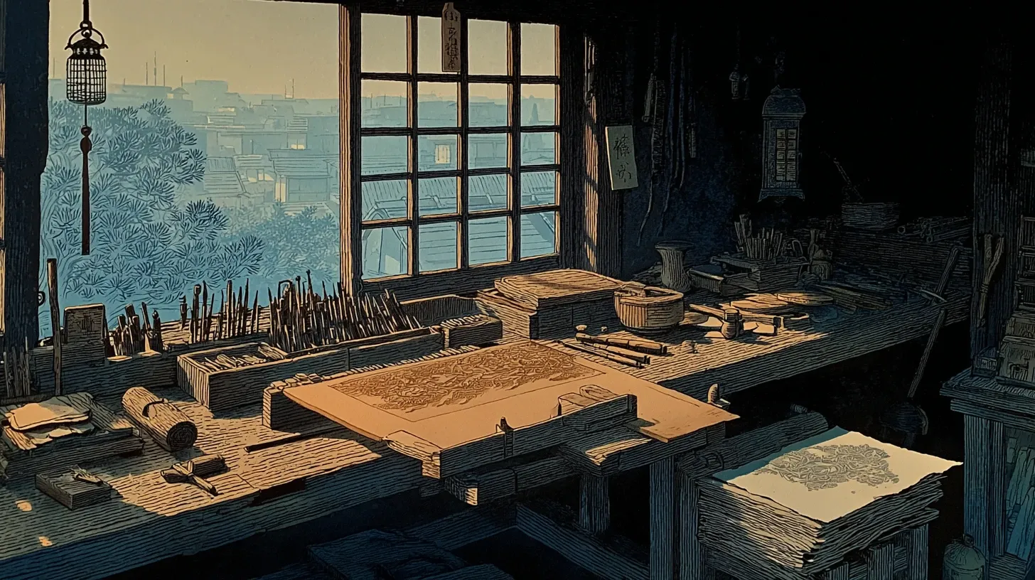 An overhead view of a traditional Japanese woodblock print carver's workbench in an Edo-period workshop, a partially carved cherrywood printing block with intricate line work, an array of small carving knives, a circular baren rubbing pad and wooden mallet, a stack of mulberry washi paper, soft natural daylight from a shoji screen window