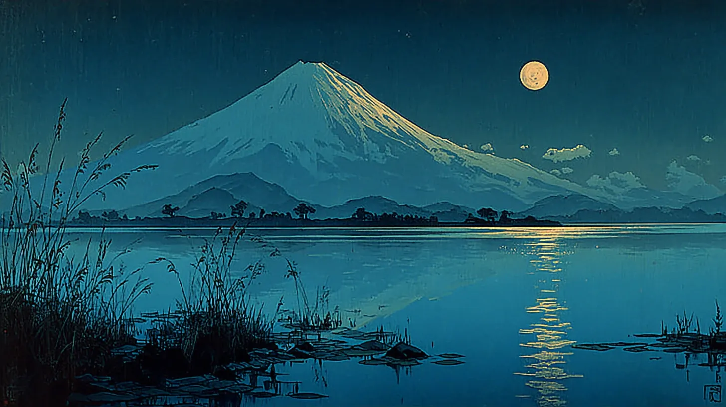 A nighttime view from a lake shore looking across still dark water at the perfectly symmetrical snow-capped cone of Mount Fuji silhouetted against a deep midnight blue sky, a full moon high in the sky to the right of the mountain, a silver path of moonlight reflecting on the lake surface stretching toward the base of the mountain, sparse dark reeds at the lake's edge