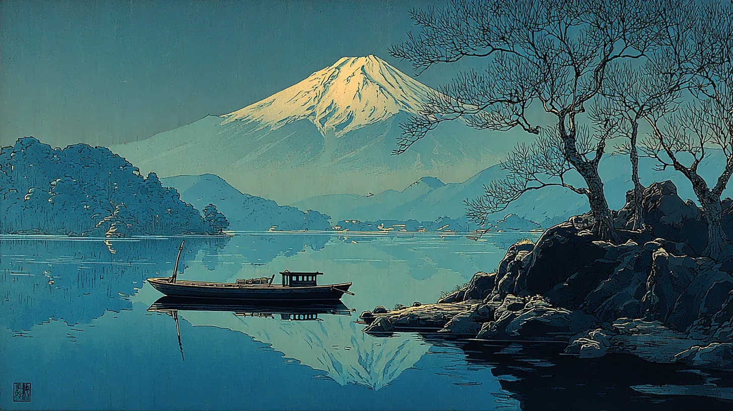 Mount Fuji reflected in the still water of Lake Kawaguchiko — the lake was formed when an ancient eruption's lava flow split a larger body of water