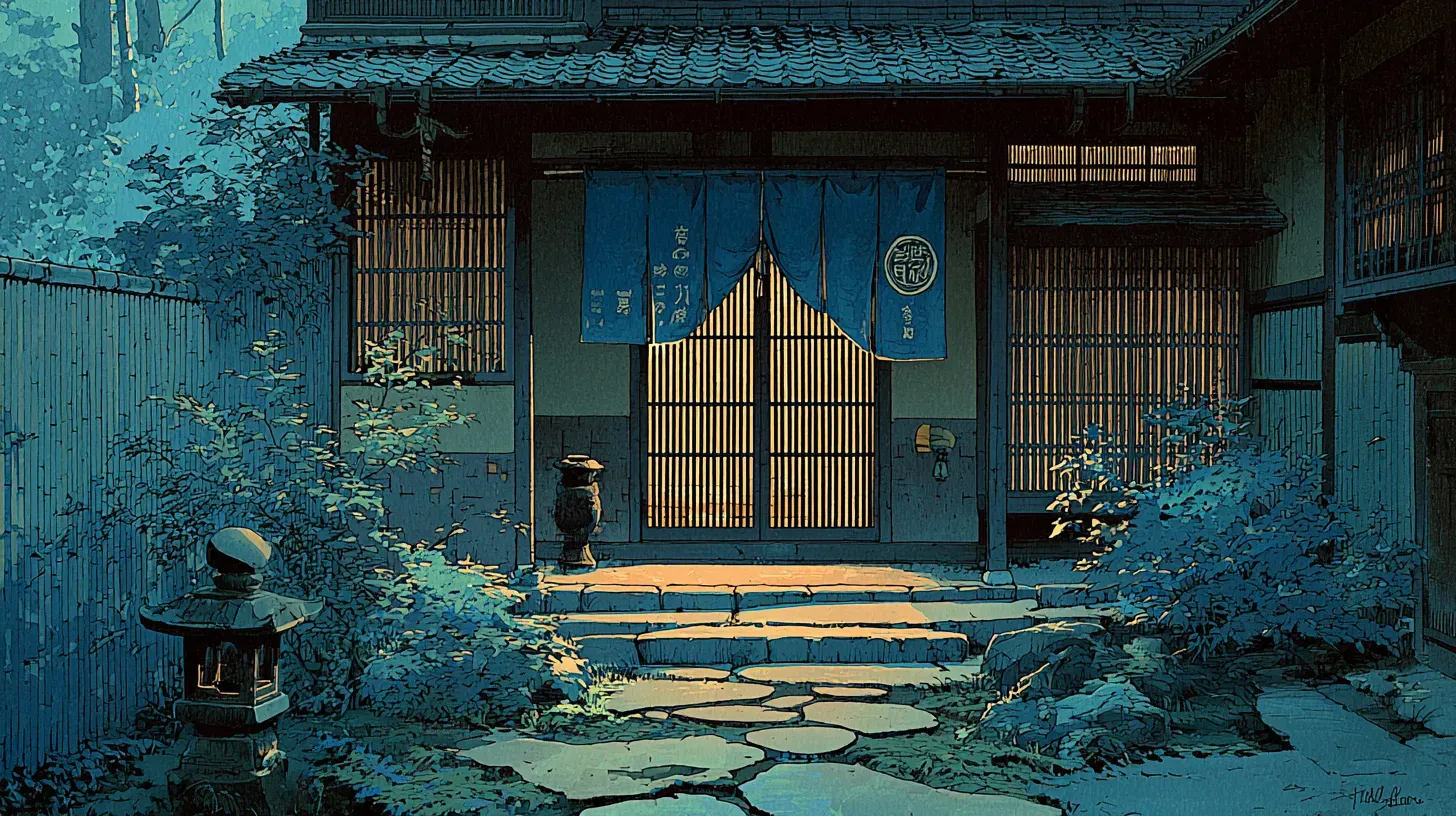 The wooden entrance of a ryokan with a noren curtain and stone lantern