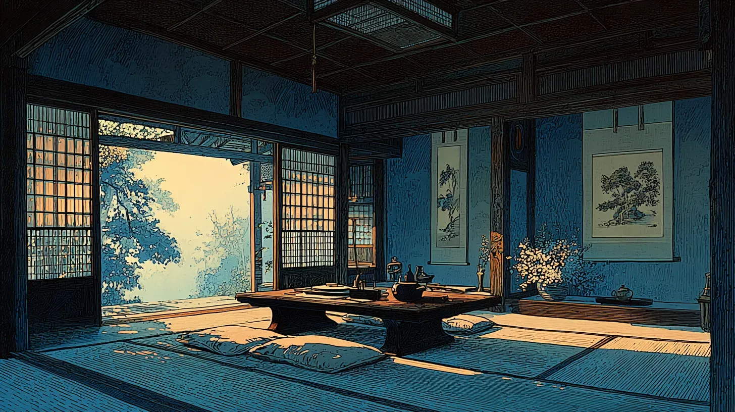 A tatami room with shoji screens, a low table, and a tokonoma alcove